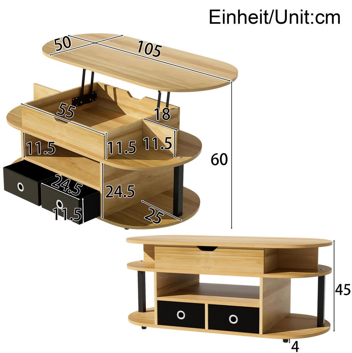 COUCHTISCH 105/50/60 cm Holzmaserung mit Hebefunktion und 2 Stoffschubladen - Schwarz, Holzwerkstoff (105/50/60cm) - OKWISH