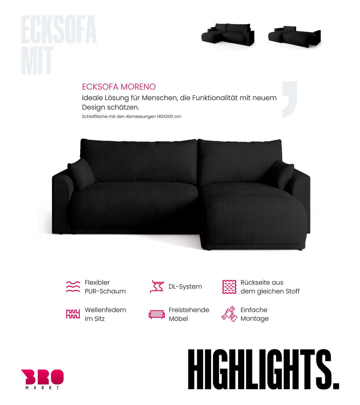 ECKSOFA MORENO mit Schlaffunktion Anthrazit Grau - Anthrazit, Textil (262/160cm) - Bromarkt