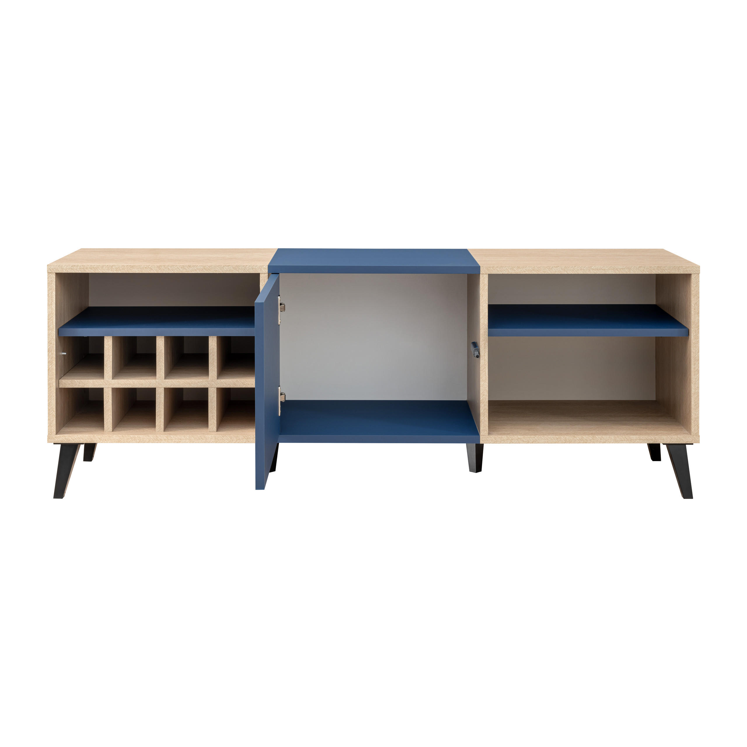 LOWBOARD MIT WEINSCHRANK FONDI, Blau, Skandinavische Tanne - Blau/Hellbraun, Holzwerkstoff/Metall (135.7/49/35cm) - Komodee