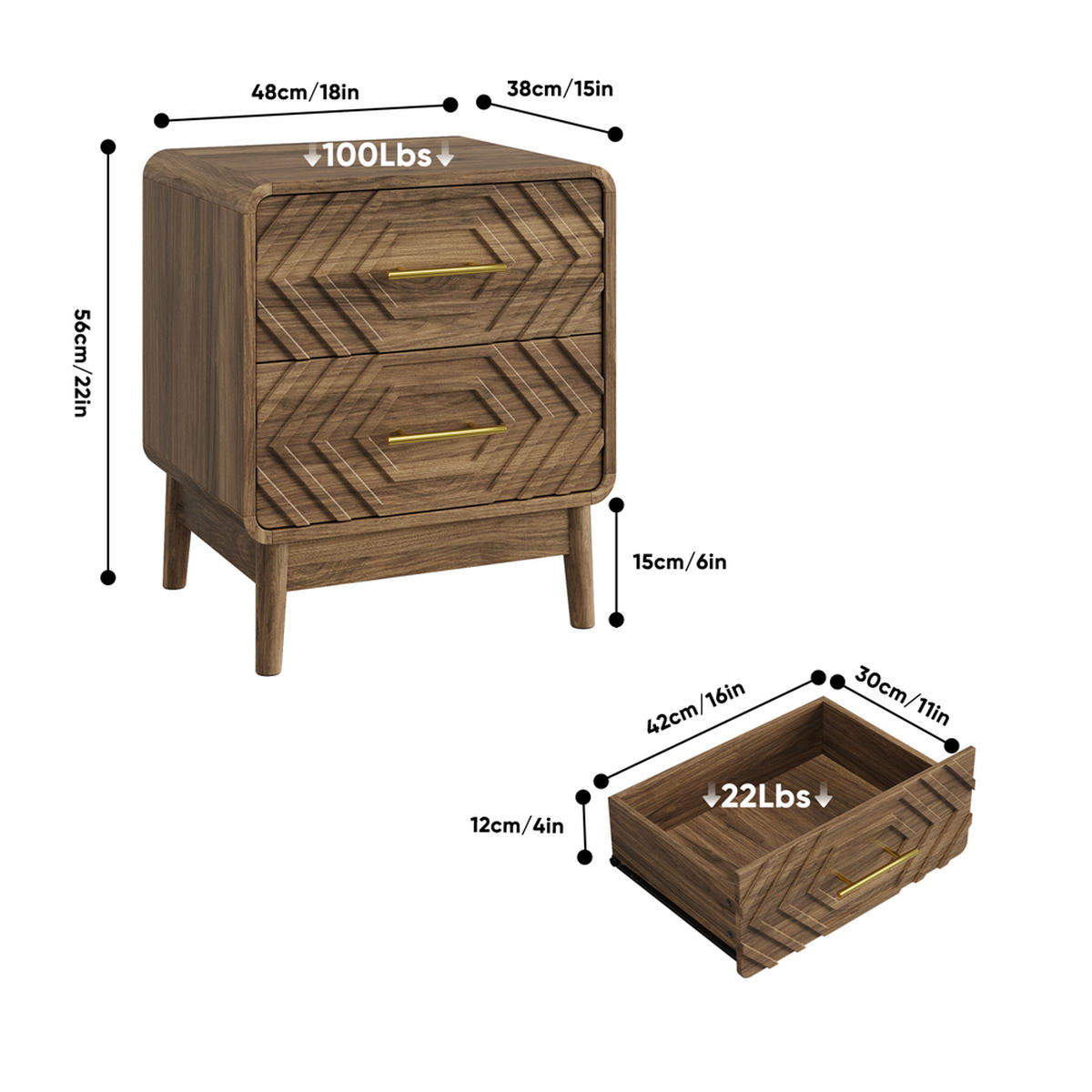 NACHTTISCH mit 2 Schubladen in Walnuss-Optik - Geometrischem 3D-Muster & Goldenen Griffen - Abgerundeten Ecken - Walnussfarben, Holzwerkstoff (38/56/48cm) - DELFA