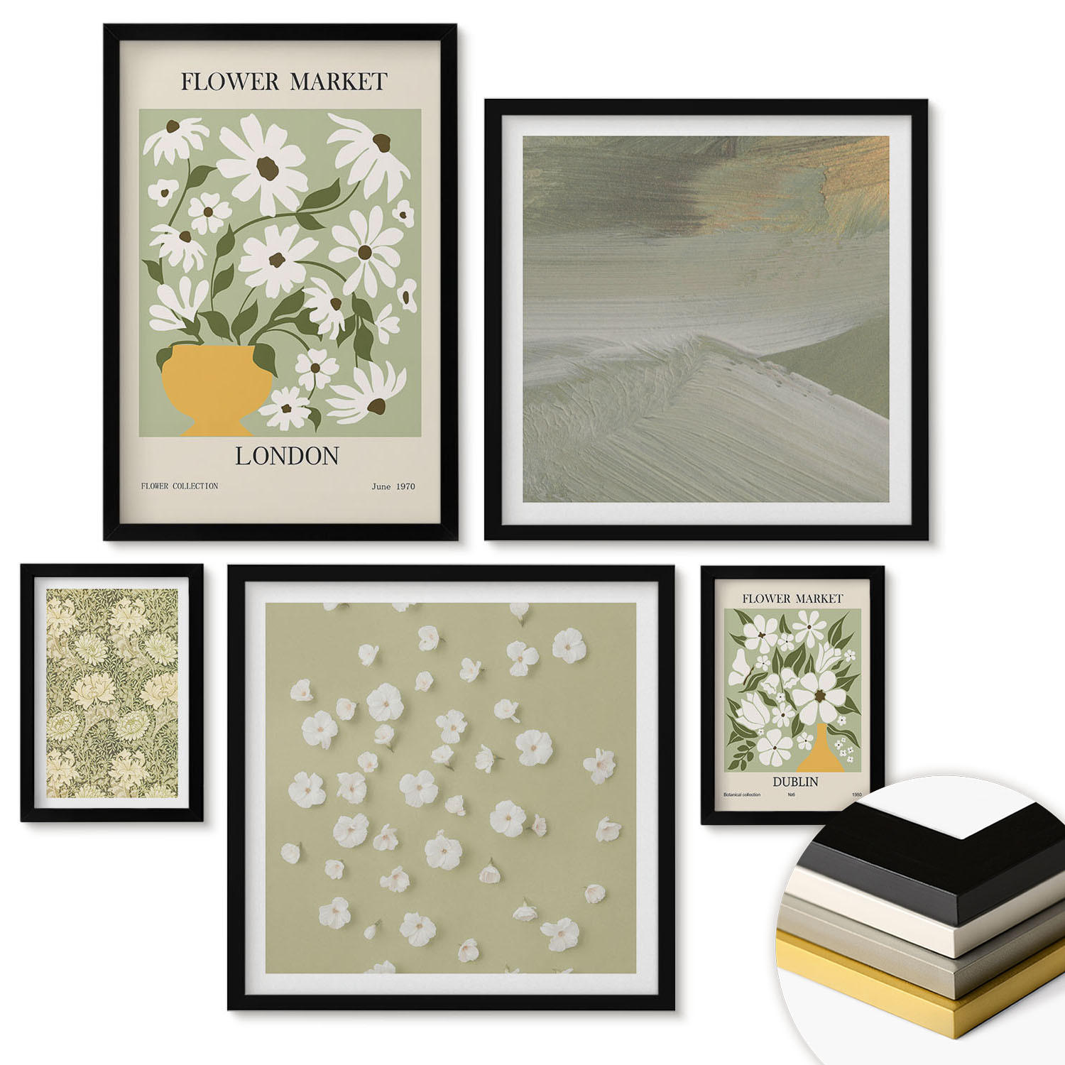 WANDBILDER 5er-Set - 50x50 cm & 20x30 cm & 40x60 cm Schwarzer Rahmen - Florale Abstraktionen im Boho-Stil - Schwarz, Kunststoff (40/60cm) - ArtPrintCave