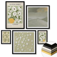 WANDBILDER 5er-Set - 50x50 cm & 20x30 cm & 40x60 cm Schwarzer Rahmen - Florale Abstraktionen im Boho-Stil - Schwarz, Kunststoff (40/60cm) - ArtPrintCave