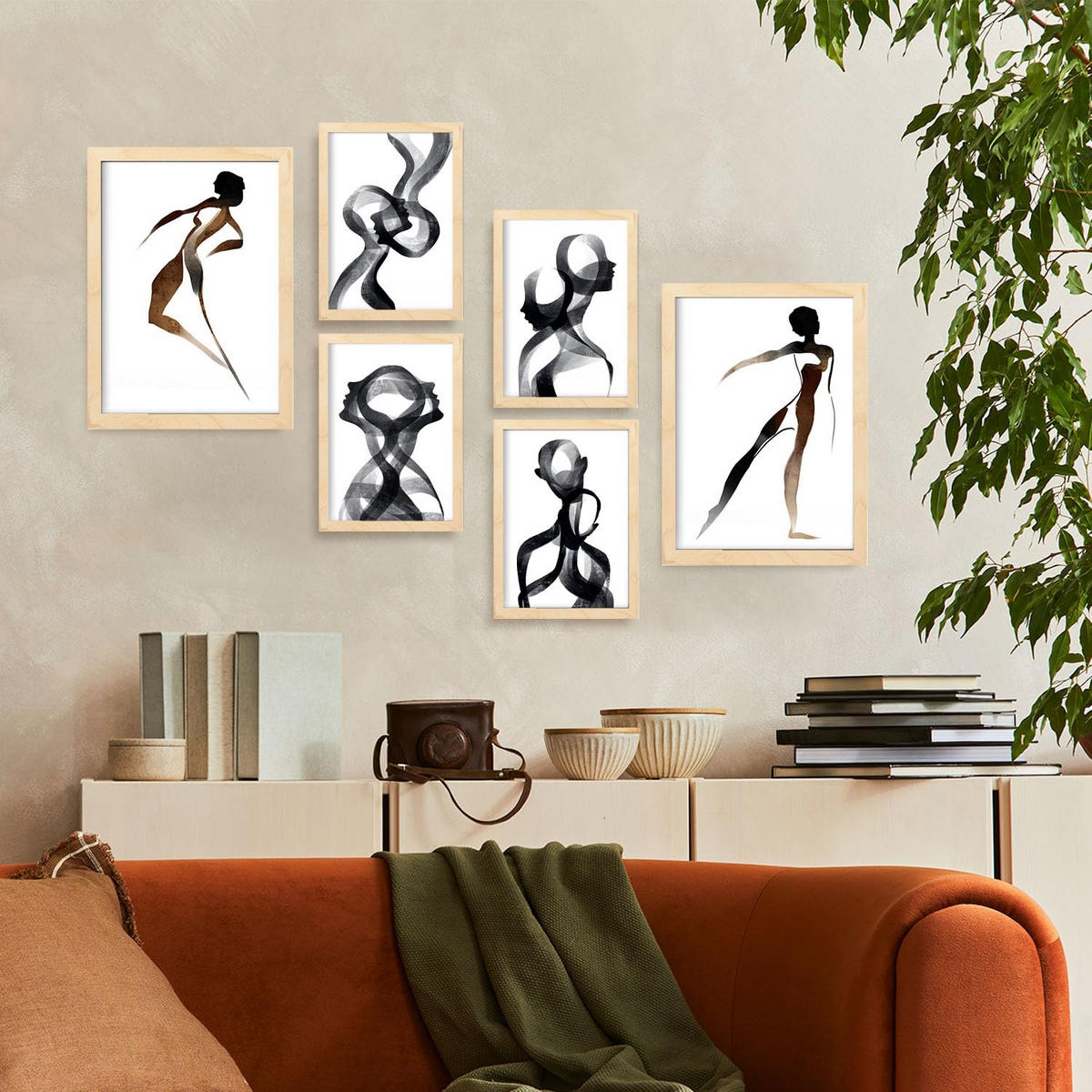 POSTER Set Mit 6 Body Virtue 2 in abstrakten Liebhabern Größe A3 & A4 Rahmen aus hellem Holz - Beige, Papier (29.7/1cm) - Nacnic