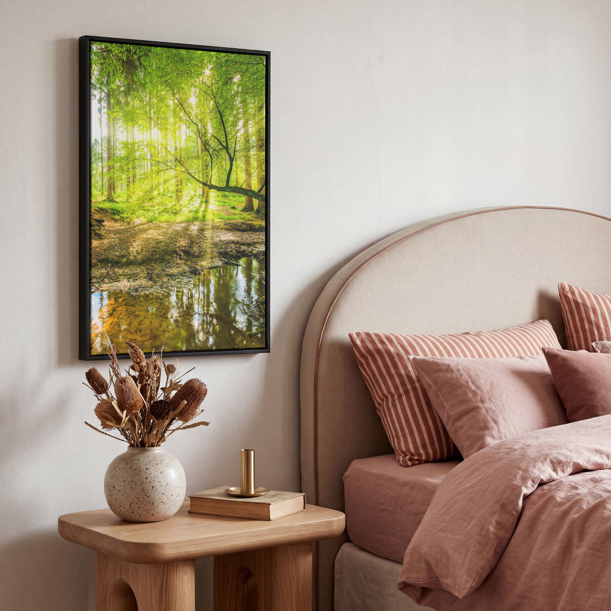 LEINWAND Bilder mit Rahmen - Wald - Landschaft - Wasser - Bäume - Sonne - Grün - Natur - 40x60 - Grün, Textil (40/60cm) - MuchoWow