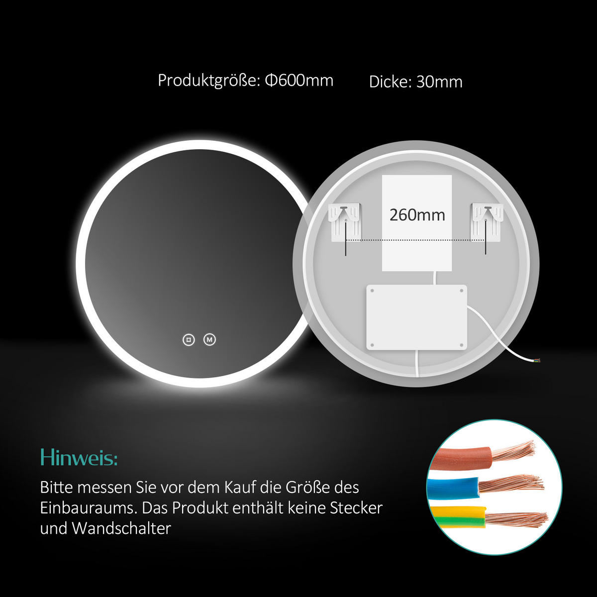 BADSPIEGEL mit Beleuchtung 3 Lichtfarben einstellbar beschlagfrei ф60 cm - Weiß, Glas (60/3.5/60cm) - EMKE