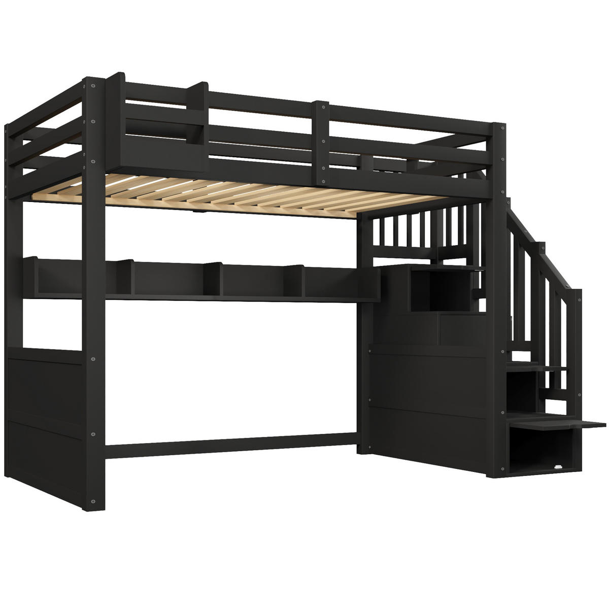 HOCHBETT aus MDF, Kiefer und Sperrholz 90x200 cm Schwarz mit LED-Beleuchtung, Stauraumtreppe und Kleiderschrank - Schwarz, Holzwerkstoff (90/200cm) - Modfu