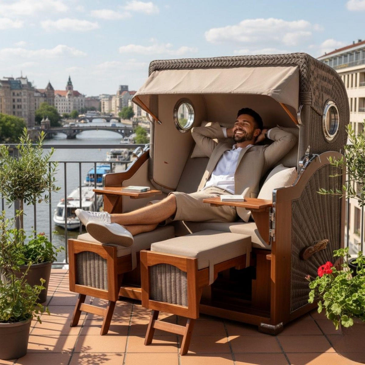 STRANDKORB XXL Düne Grande 2,5 Sitzer - Taupe/Braun, Metall (142/170/95cm) - Mr. Deko