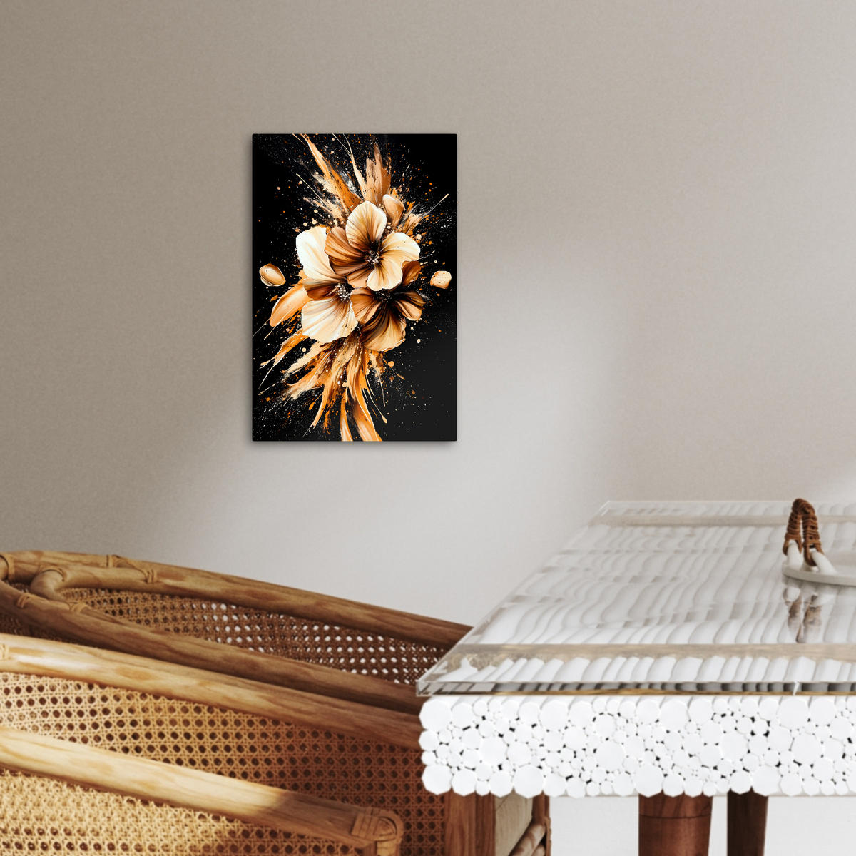 LEINWANDBILD Blumen - Gold - Graffiti - Schwarz - Abstrakt 20x30 cm - Cappuccino, Textil (20/30cm) - MuchoWow