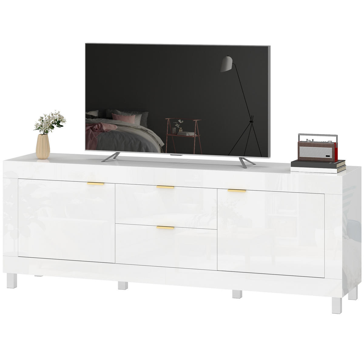TV-SCHRANK für Fernseher bis zu 75 Zoll, modernes Entertainment-Center mit 2 Schränken und 2 Schubladen, Hochglanz Weiß - Weiß Hochglanz, Holzwerkstoff (180/66/40cm)