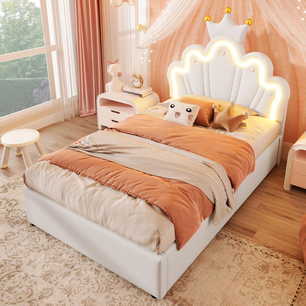 KINDERBETT 90/200 cm Weiß mit hydraulischem Hebemechanismus und LED-Lichtband - Weiß, Leder (90/200cm) - OKWISH