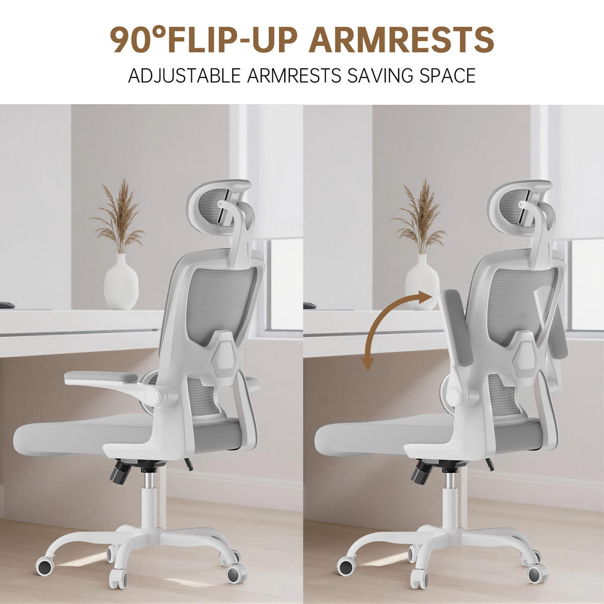 BÜROSTUHL Weiß-Grau ergonomisch mit klappbaren Armlehnen - Grau, Metall (25/52.5/65cm) - Rattrix