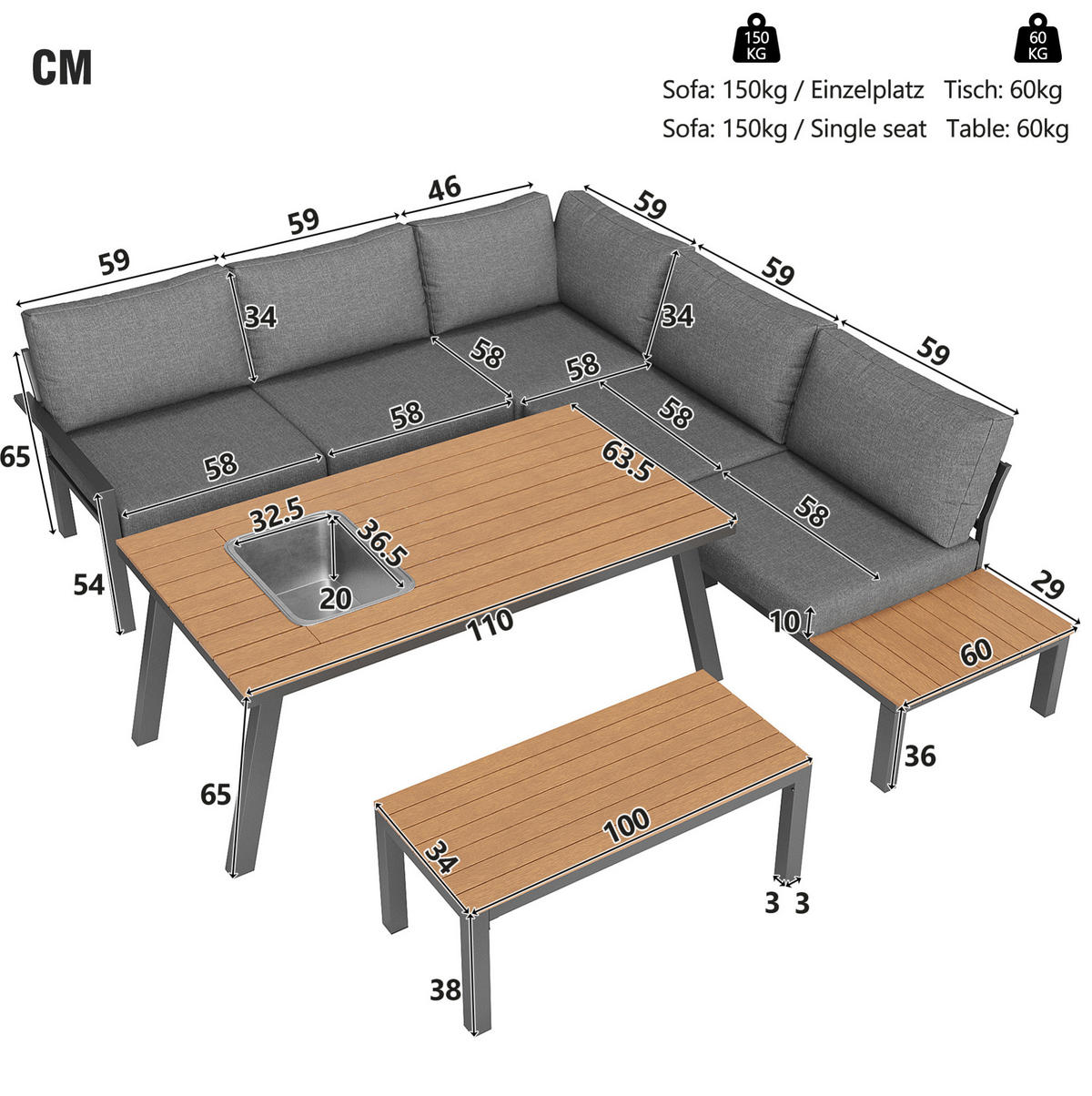 GARTEN-LOUNGE-SET, Metallgestell mit Polstern & Tisch mit Eiskübel, 147/60/65 cm, Grau - Grau, Metall - Redom