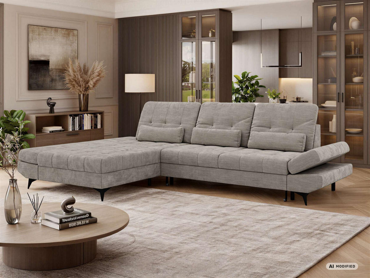 ECKSOFA ALVENO L - Hellgrau Schenille glatt - Links Seite - Hellgrau/Schwarz, Textil/Metall (218/344cm) - MKS