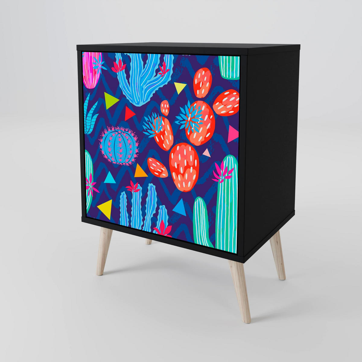 SIDEBOARD CACTUS VIBES, Schwarz, 57,5x42x70,5 cm, Schwarze Metall-Sternfüße - Multicolor/Schwarz, Holzwerkstoff/Metall (57.5/70.5/42cm) - SpaceRebels