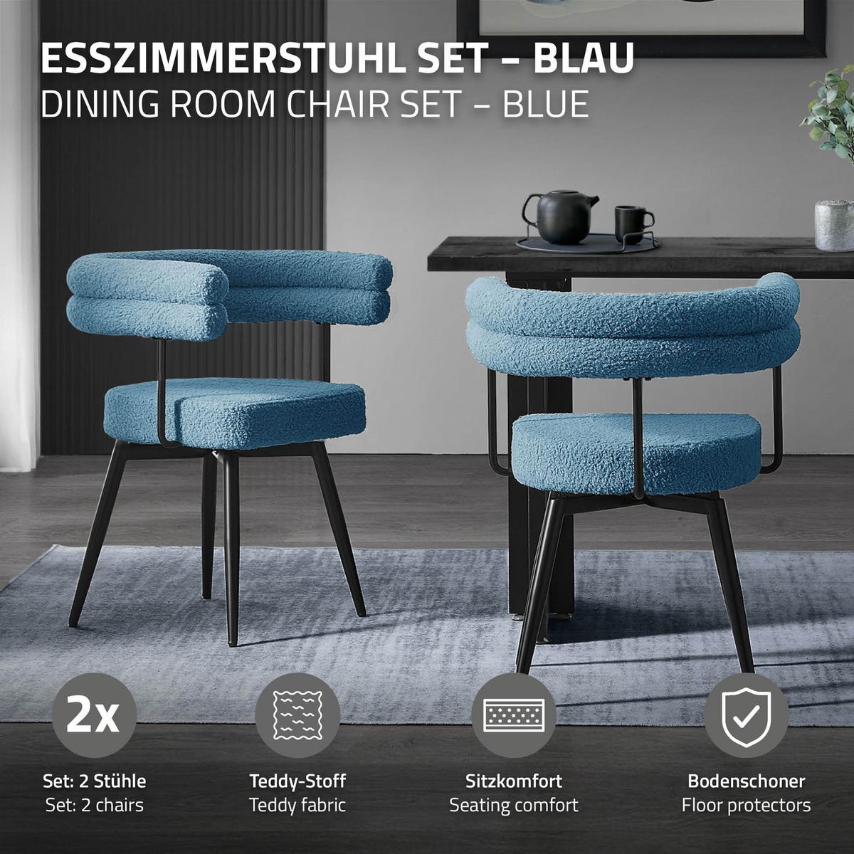 JÍDELNÍ ŽIDLE otočné, sada 2 ks, modrá plyšová látka - modrá/černá, kov/textil (63/75/55cm) - ML-DESIGN