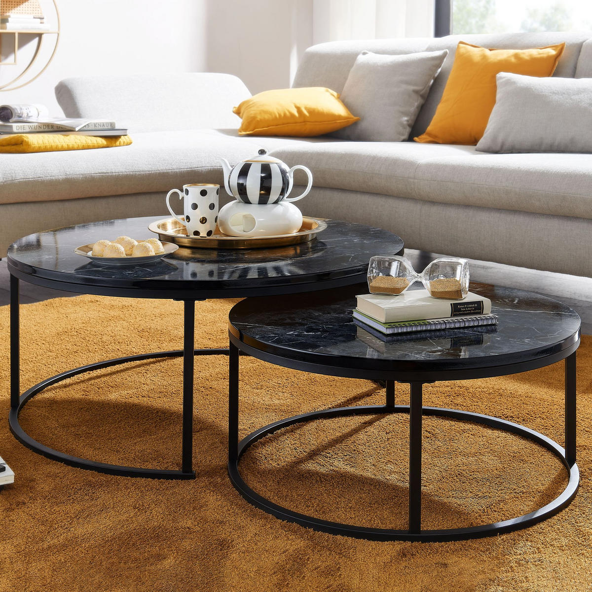 COUCHTISCH 2er Set Marmoroptik Metall Eichenholz Ineinanderschiebbar, Schwarz 80x80x36 cm - Schwarz, Holz/Metall (80/80/36cm) - KADIMA DESIGN