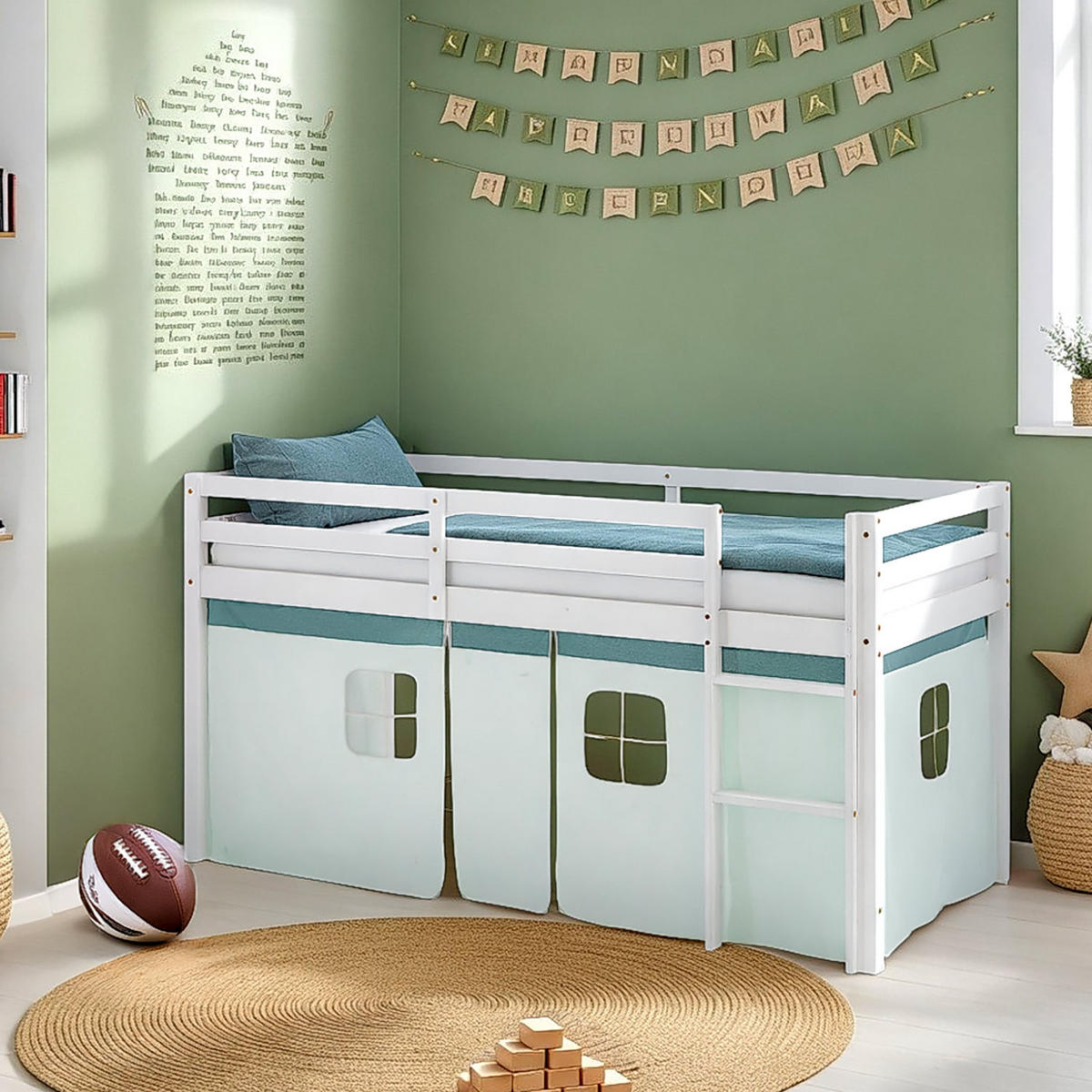 HOCHBETT 90/200 cm in weiß Bettvorhang Mint - Weiß/Mintgrün, Holz (90/200cm) - Homestyle4u