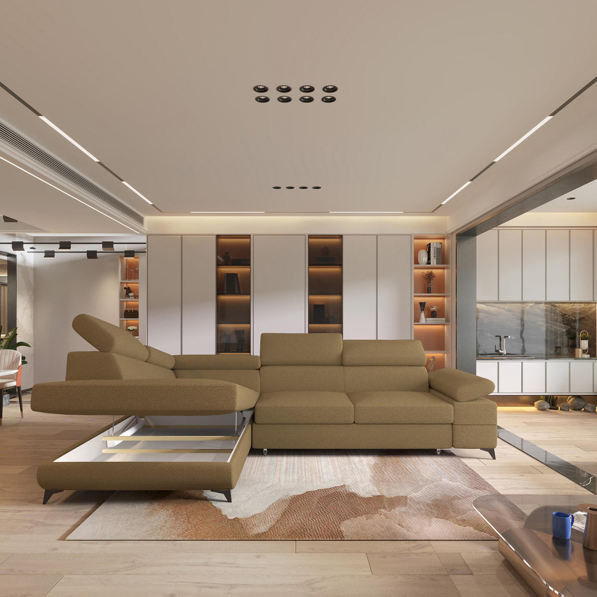 ECKSOFA FAVIEN L-S Orange Boucle-Stoff mit Schlaffunktion - Orange, Holz (257/190cm) - MASSENO