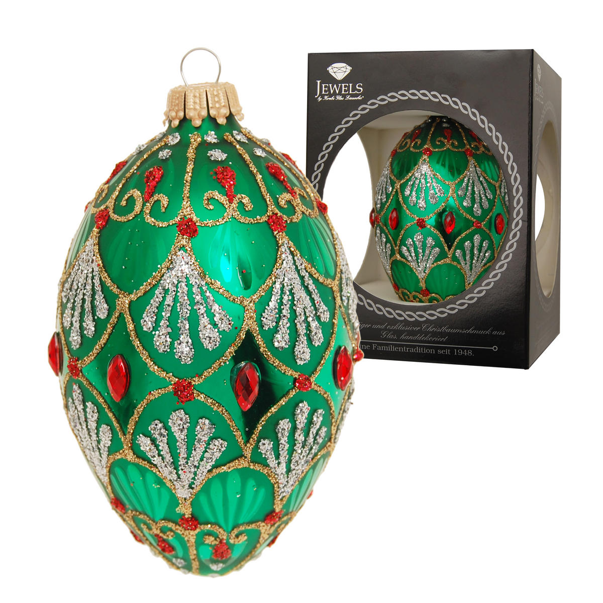 CHRISTBAUMSCHMUCK Ei im Strassdesign Grün 10cm (Glas / 1 Stk.) - Grün, Glas (6/10/6cm) - Krebs Glas Lauscha