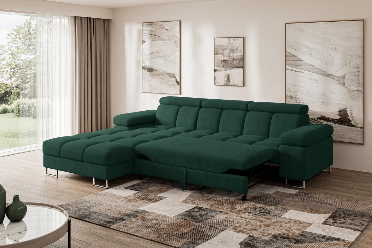 ECKSOFA mit Schlaffunktion Ottomane Links COMA L 271x203x79 Grün Velours - Grün, Holzwerkstoff/Textil (271/203cm) - ALTDECOR
