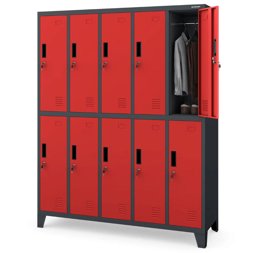 UMKLEIDESCHRANK Spind BERLIN 10 Abteile 172x136x45cm Anthrazit-Rot - Anthrazit, Metall (136/172/45cm) - DELUKE