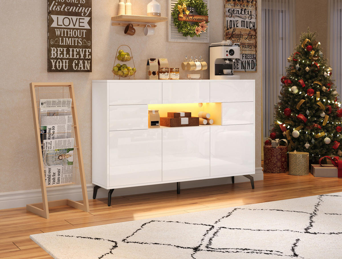 SIDEBOARD 140/30/94 cm mit 3 Schubladen, LED-Beleuchtung und Hochglanzfront - Weiß, Holzwerkstoff (140/94/30cm) - BEAOK