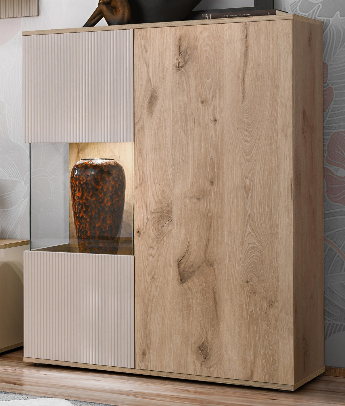 VITRINE Eiche, Kaschmir 90 x 120 cm, Highboard inklusive LED-Beleuchtung - Kaschmir/Eichefarben, Glas/Holzwerkstoff (90/40/120cm) - Inn.Furn