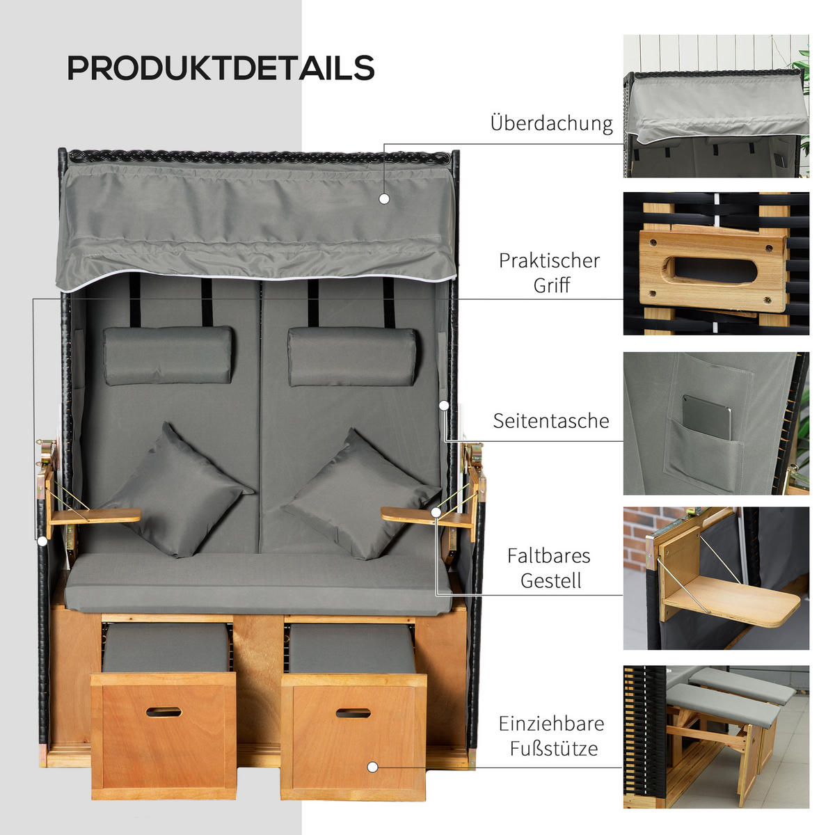 VOLLLIEGER Gartenliege PE Rattan Hellgrau 118 x 79 x 160 cm - Hellgrau, Kunststoff (79/160/118cm) - Outsunny