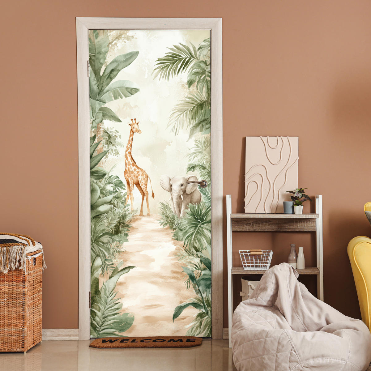 NÁLEPKA NA DVERE Džungľa - Žirafa - Slon - Zelená - Príroda 80x215 cm - farba eukalyptového dreva, plast (80/0.1cm) - MuchoWow