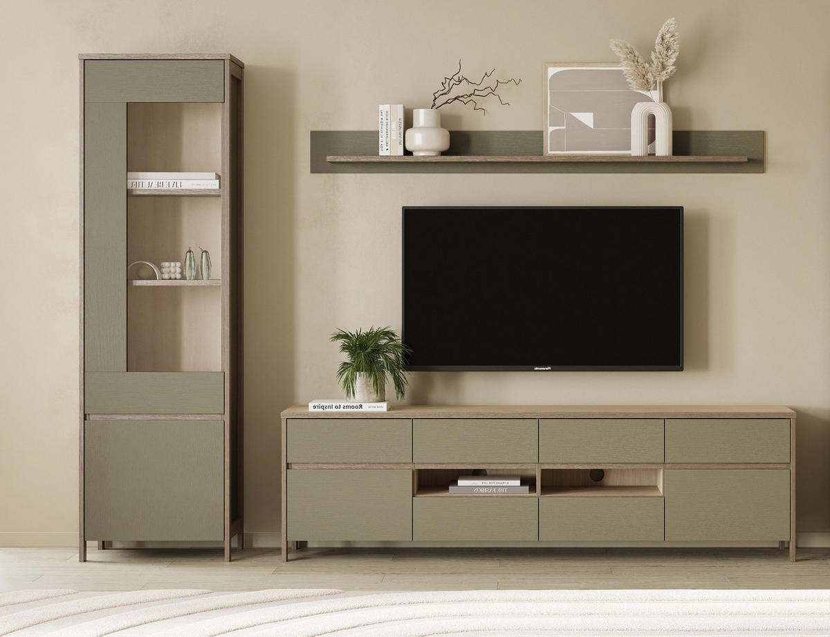 WOHNWAND Salbei grün, Eiche skandinavisch, Wohnkombination 3-teilig 266 cm mit Soft-Close - Salbeigrün/Eichefarben, Holzwerkstoff/Metall (266/195/39cm) - Furn.Design