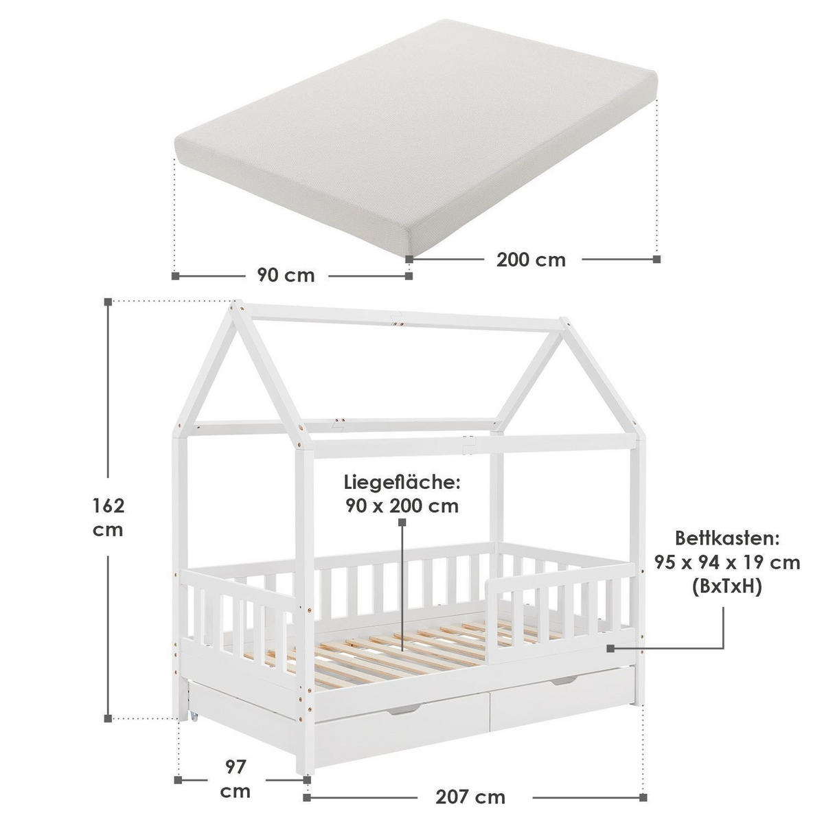 KINDERBETT Marli mit Matratze und Bettkasten weiß 90x200 cm - Weiß, Holz (90/200cm) - Juskys