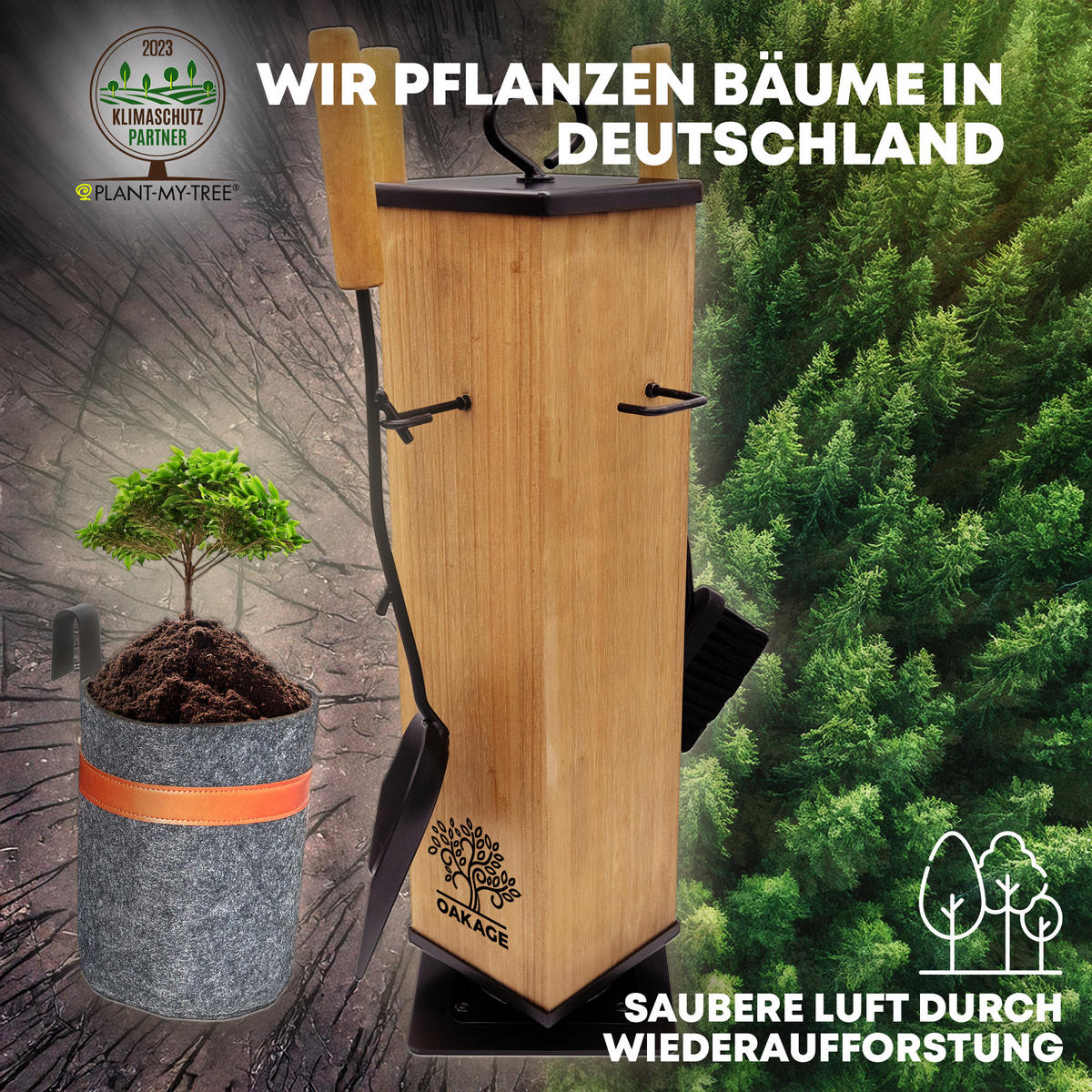 KAMINBESTECK Classic mit Zündholzkorb aus Filz - Dunkelgrau, Holz/Kunststoff (18/58/18cm) - OAKAGE