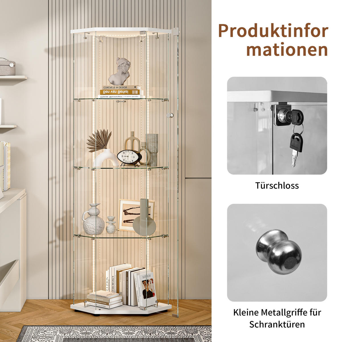 VITRINE mit RGB LED Beleuchtung - Eckvitrine mit 4 Ebenen und 1 Glastür - Glaskvitrine mit Schloss - Weiß - Weiß, Glas (60/162/42.5cm) - DELFA