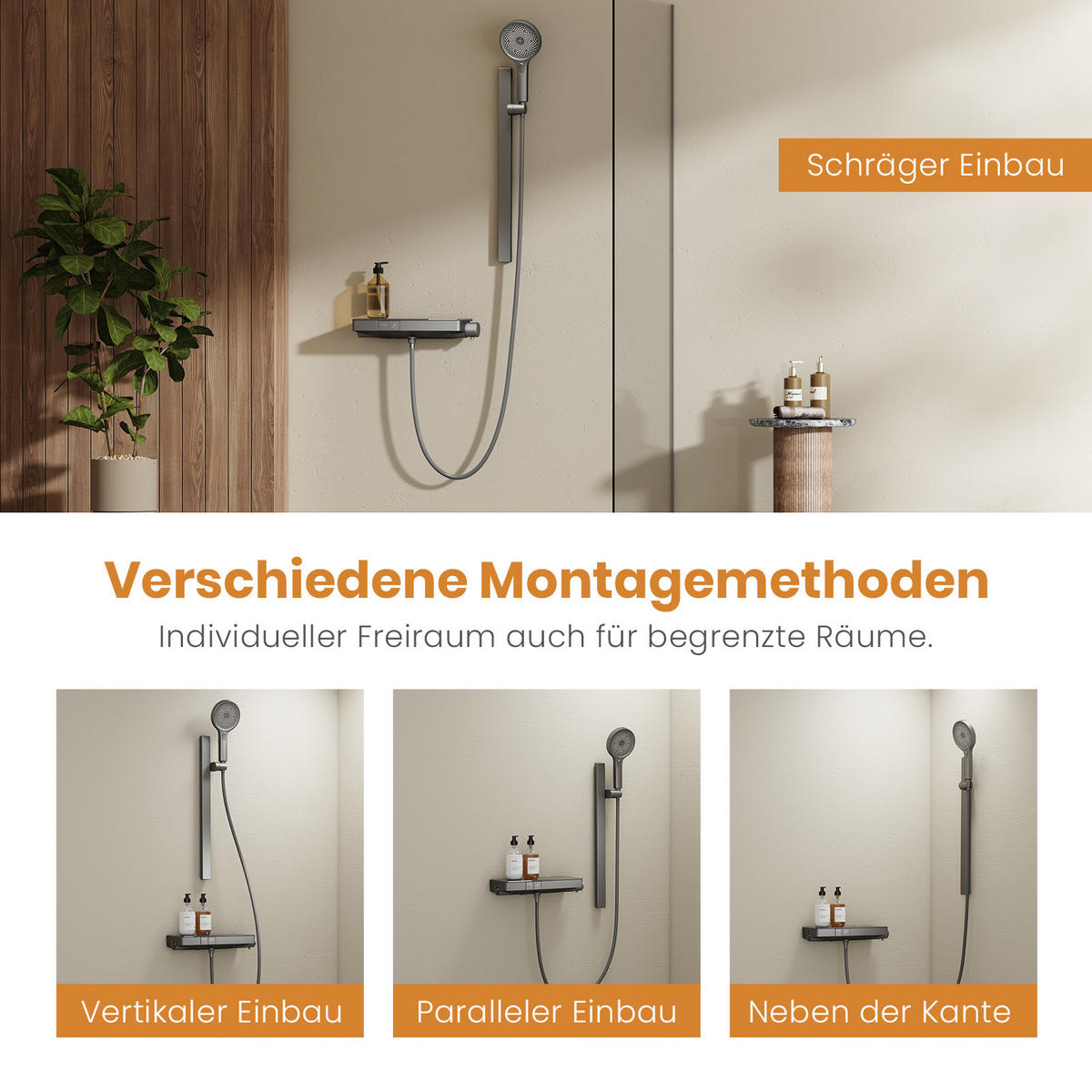 ÜBERKOPFBRAUSESET mit Thermostat Drei Wasserauslassmethoden Anthrazit - Anthrazit, Metall (10.5/66.5/39.5cm) - EMKE