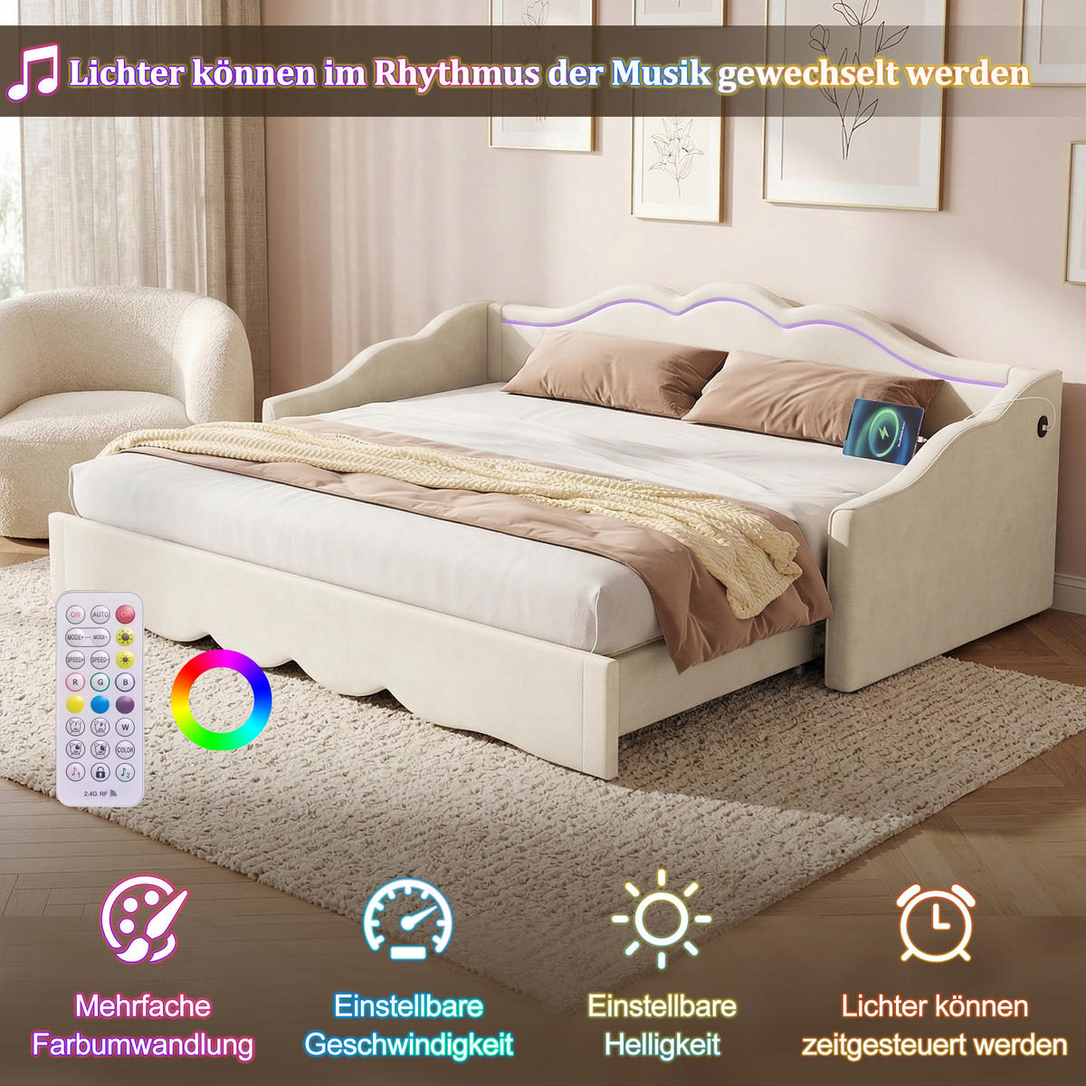 POLSTERBETT 90/200 cm & 180/200 cm in Beige Samt mit Ausziehfunktion, LED, USB und Type-C - Beige, Holzwerkstoff/Textil (90/200cm) - STILVORA