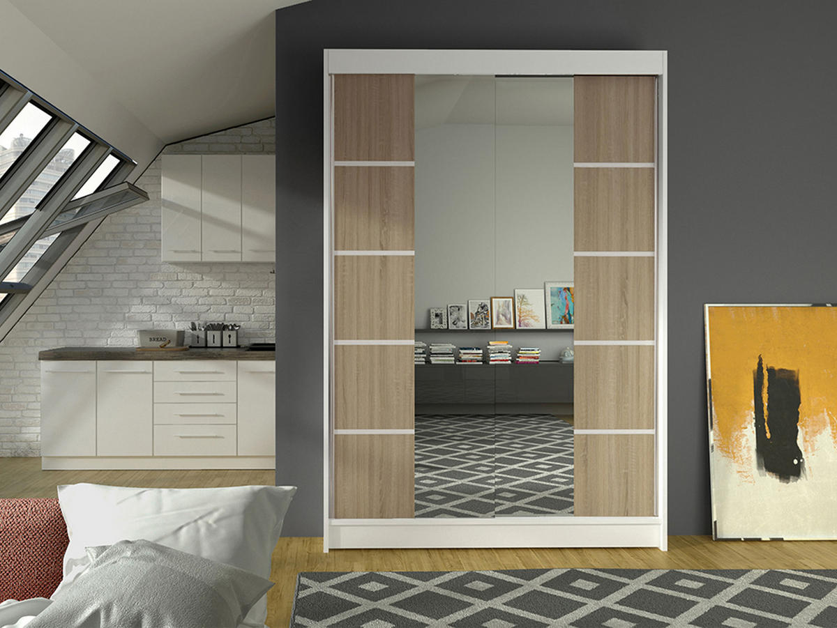 SCHWEBETÜRENSCHRANK Lino V - Weiß/Sonoma Eiche, Holzwerkstoff/Metall (120/200/58cm) - MIRJAN24