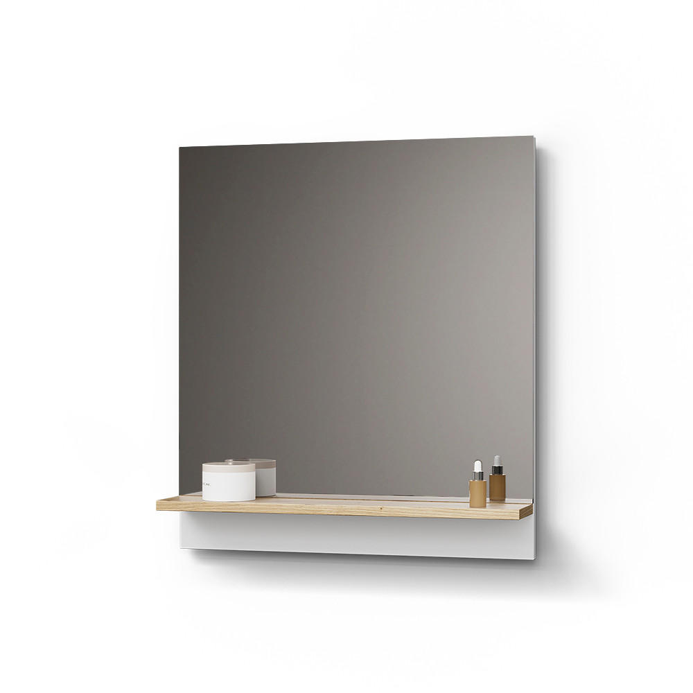 BADSPIEGEL Timavo Weiß 60 x 67 cm mit Regal - Weiß/Eiche Artisan, Holzwerkstoff (60/67/14cm) - Livinity®