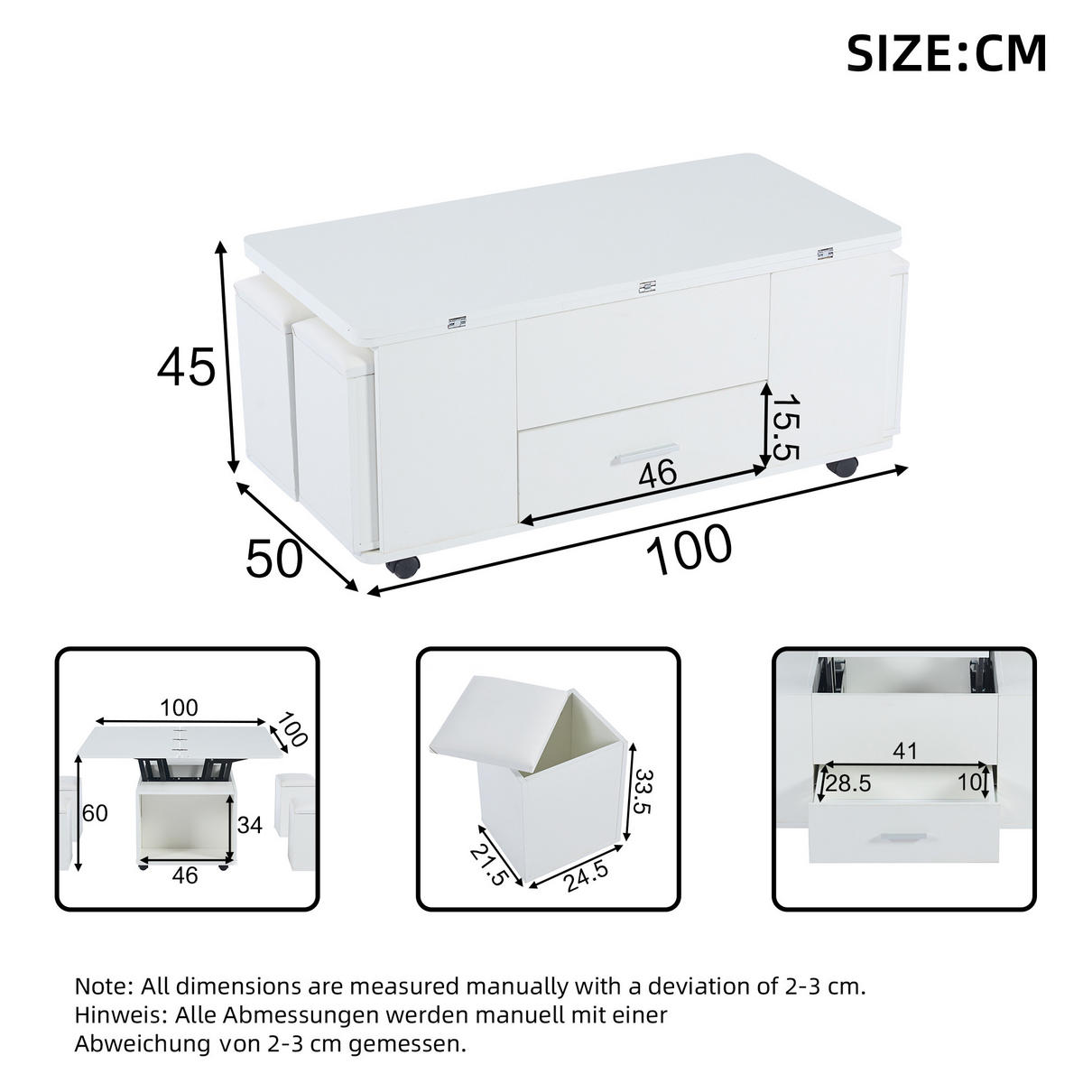 COUCHTISCH 100/50/45 cm Weiß mit Höhenverstellbar und 4 Hockern aus Spanplatte - Weiß, Holzwerkstoff (100/50/45cm) - OKWISH