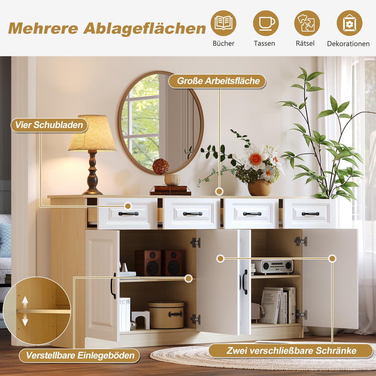 SIDEBOARD Weiß Naturfarben 160/35/80 cm - Weiß, Holzwerkstoff (160/80/35cm) - PANGIVO