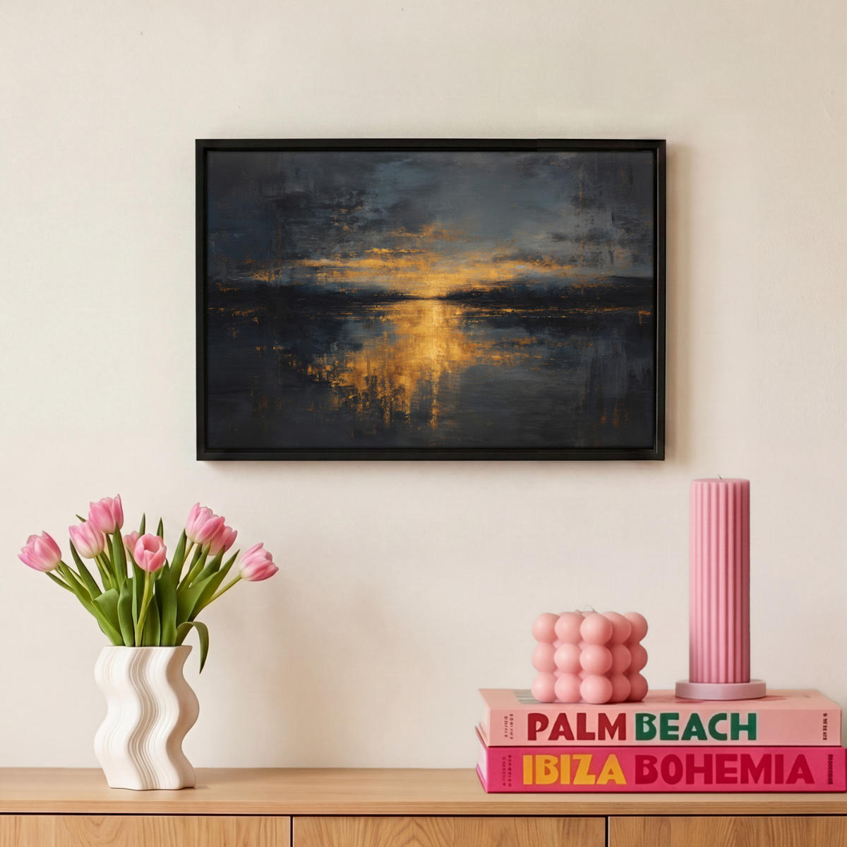 LEINWAND Bilder mit Rahmen - Goldene Reflexion auf dem Wasser - 30x20 - Anthrazit, Textil (30/20cm) - MuchoWow