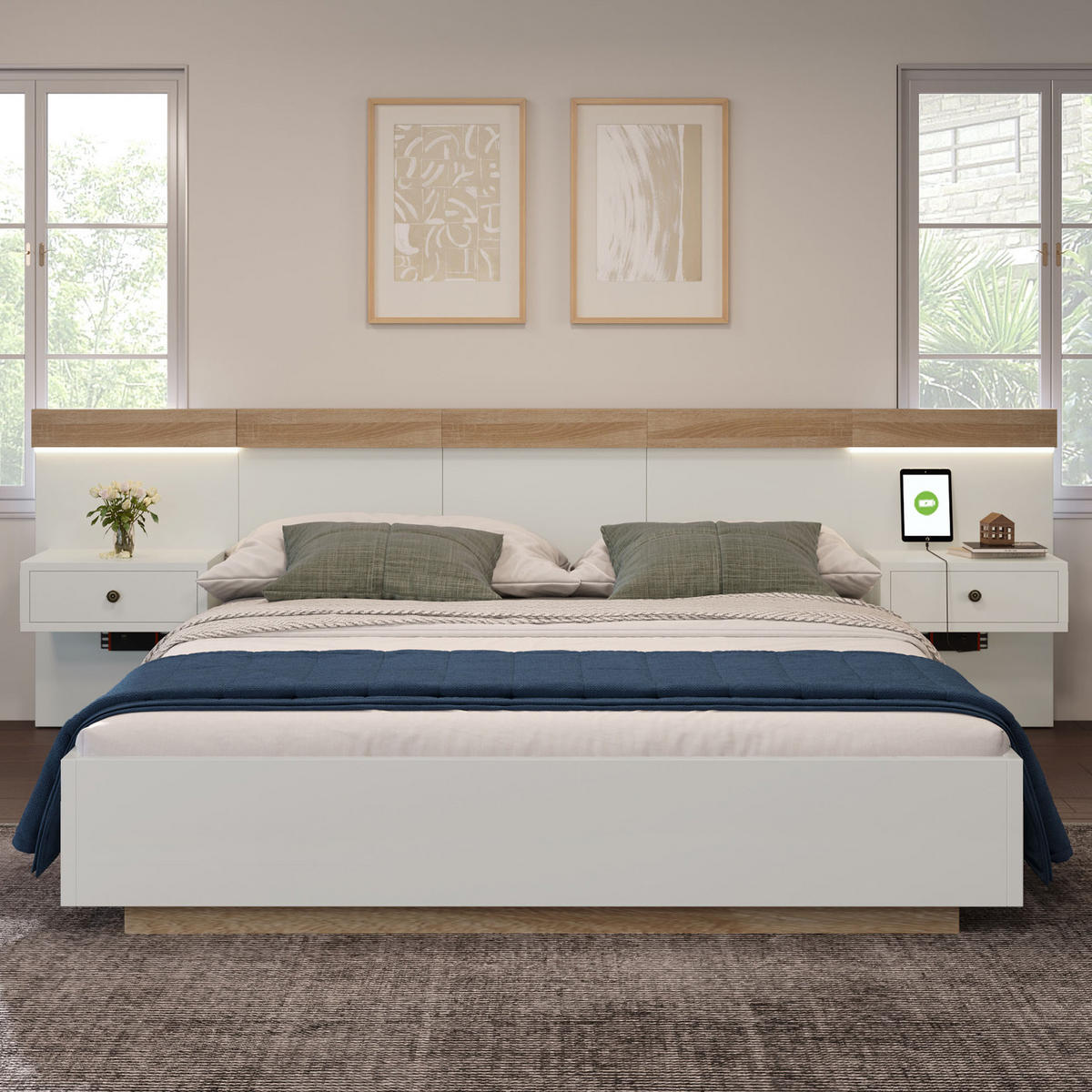 DOPPELBETT 140/200 cm Weiß aus Holzwerkstoff mit LED-Nachttischen und USB-C - Weiß, Holzwerkstoff (140/200cm) - OKWISH