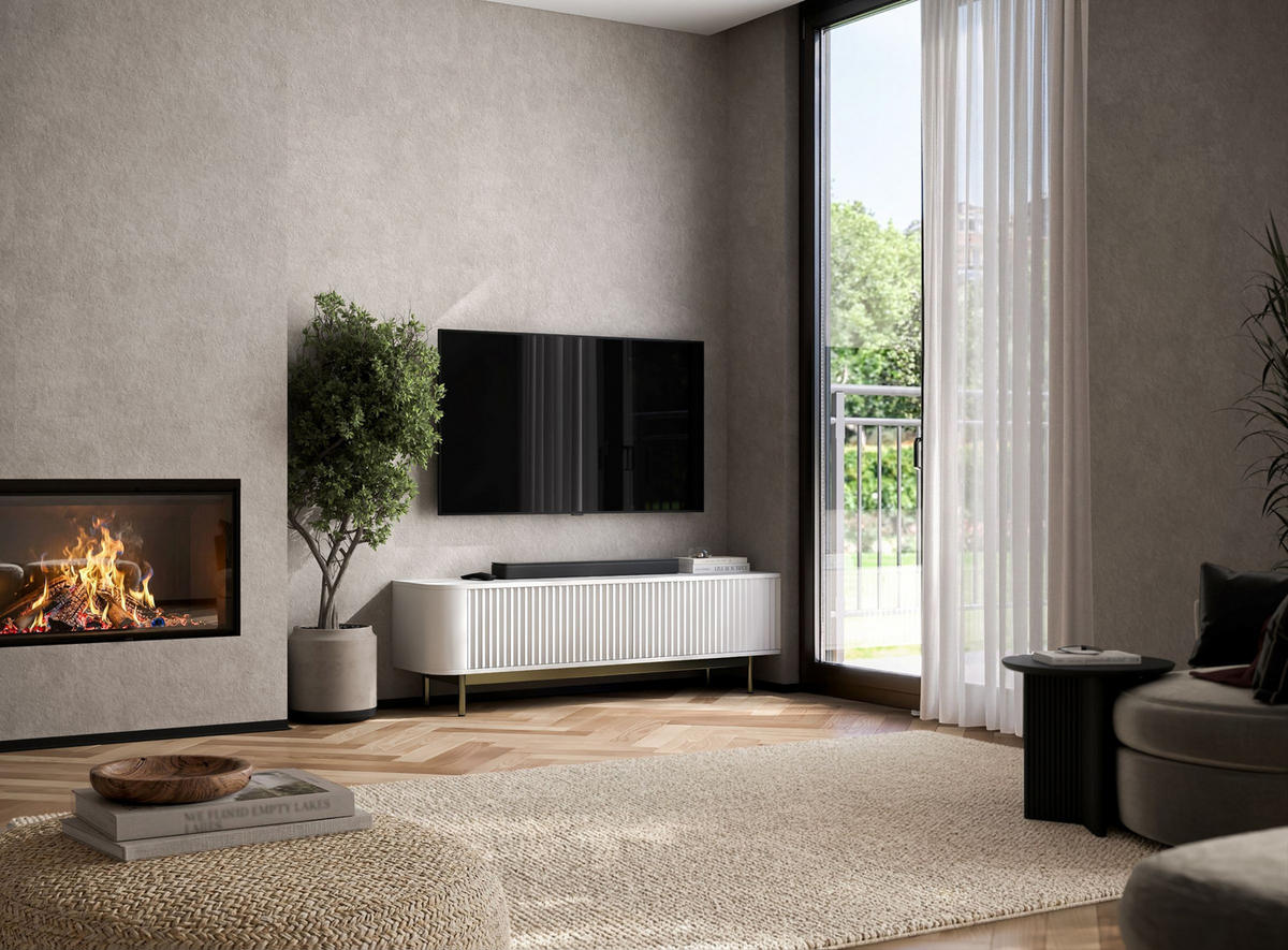 TV stolek Aurora bílý matný 140 cm se zlatým kovovým rámem - bílá/zlatá, kov/kompozitní dřevo (140/44/35cm) - Meble Lindner