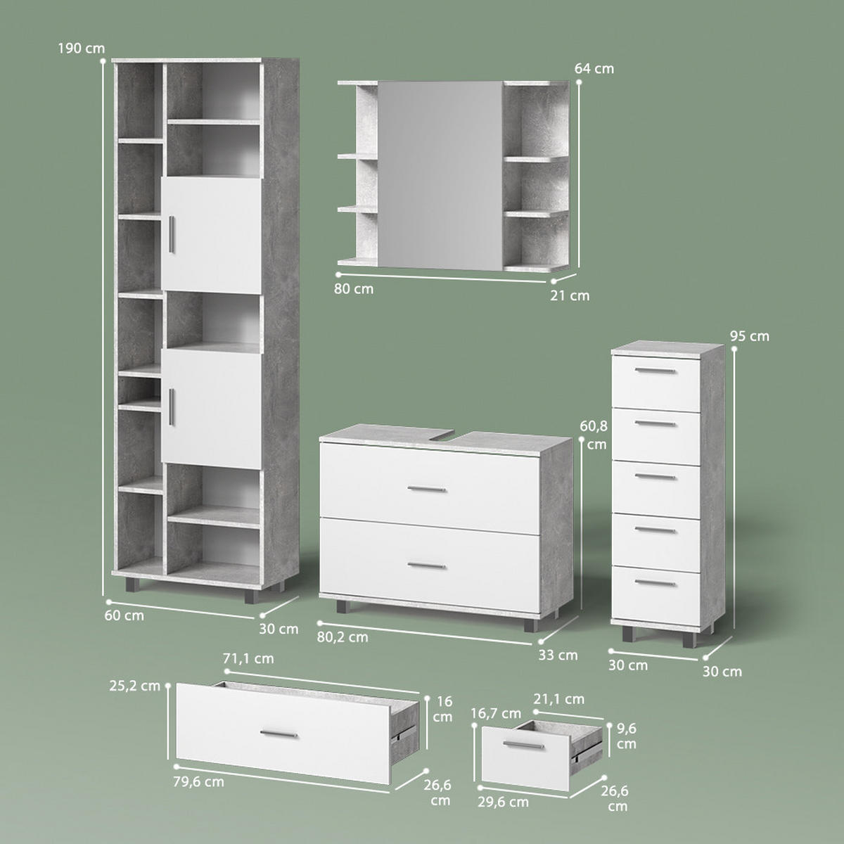 BADMÖBEL-SET Eisak Beton/Weiß 4 Teile, mit Hochschrank - Weiß/Grau, Holzwerkstoff (80/60/33cm) - Livinity®