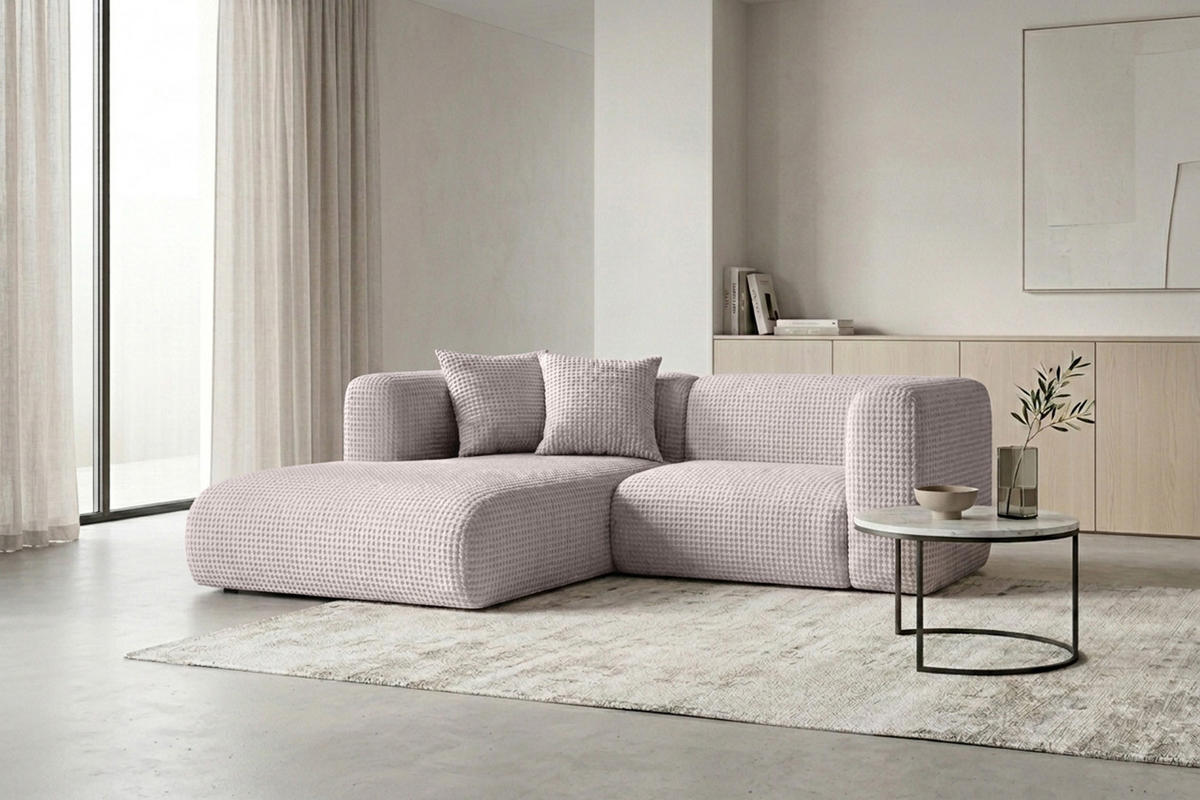 ECKSOFA L-Form mini, Chenille-Stoff Cremona, Hellgrau, Links, GRETA - Hellgrau, Holz (226/179cm) - Kaiser Möbel