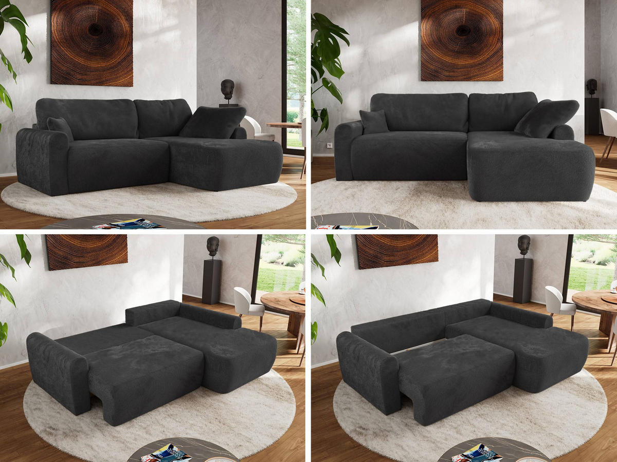 ECKSCHLAFSOFA CUBO L Dunkelgrau Plüsch - rechts - Dunkelgrau/Schwarz, Kunststoff/Textil (187/273cm) - MKS