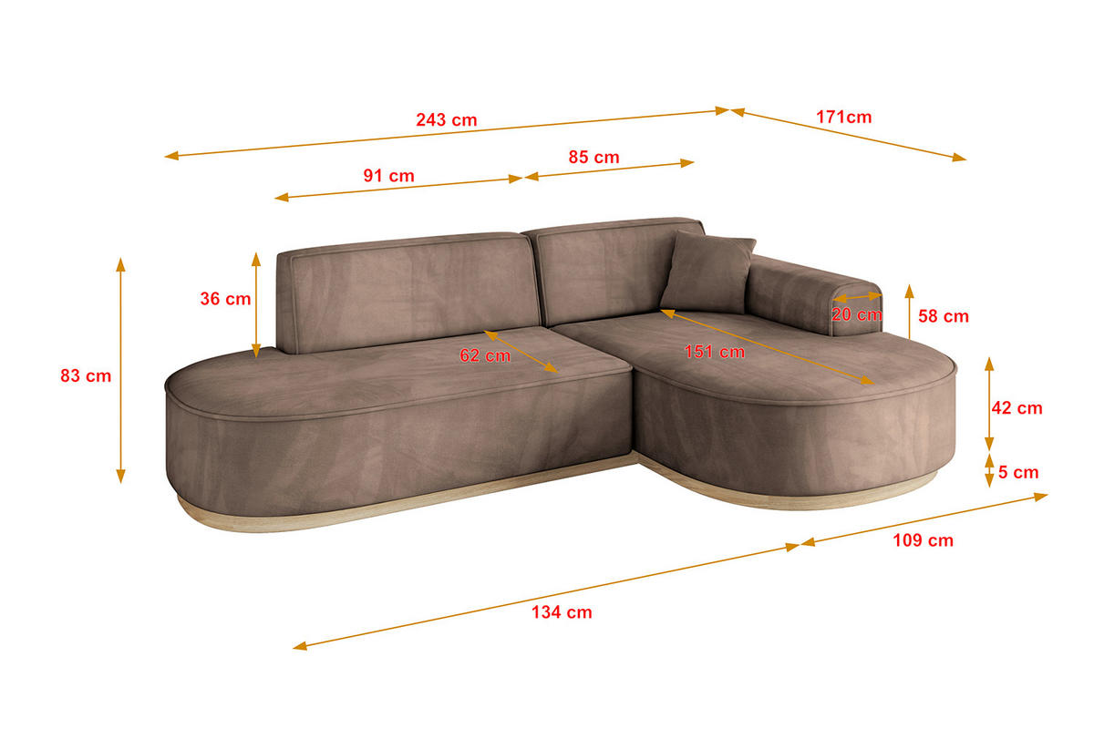ECKSOFA Ottomane Rechts MARI-L1-v1 - 243x171x83 cm Braun Velours - Braun, Holzwerkstoff/Textil (171/243cm) - ALTDECOR