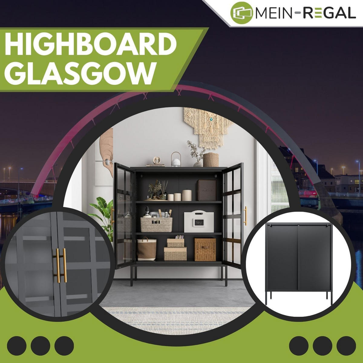 HIGHBOARD GLASGOW Metall mit Glastüren 90/35/110 cm - Schwarz, Metall (35/110/90cm) - Mein-Regal