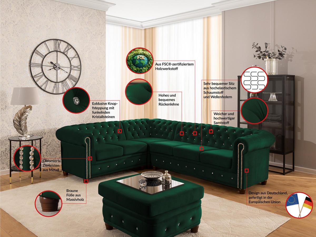 ECKSOFA Chesterfield Cleo Blink Flasche Grün Samt mit Kristallsteppung und braunen Massivholzfüßen - Ottomane Links - Braun/Grün, Holz/Textil (264/210cm) - S-Style Möbel