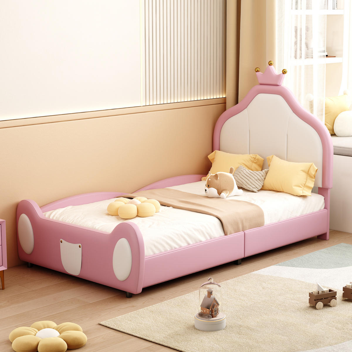 POLSTERBETT 90/200 cm Rosa/Weiß aus Kunstleder mit Kronen-Kopfteil - Rosa, Textil (90/200cm) - OKMYHOME