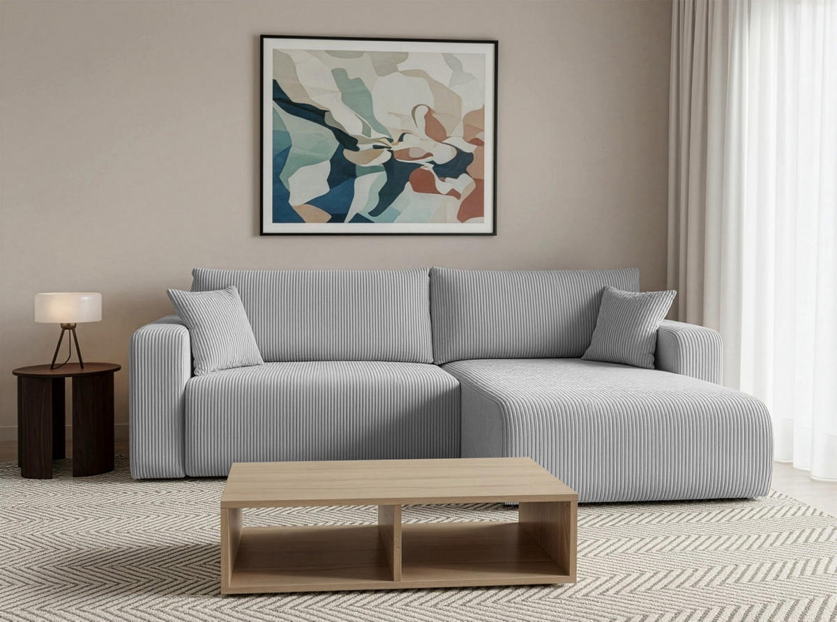 ECKSOFA mit Schlaffunktion Nellio L-Form universal mit Bettkasten Hellgrau Cord - Hellgrau/Schwarz, Kunststoff/Textil (245/145cm) - Homebook